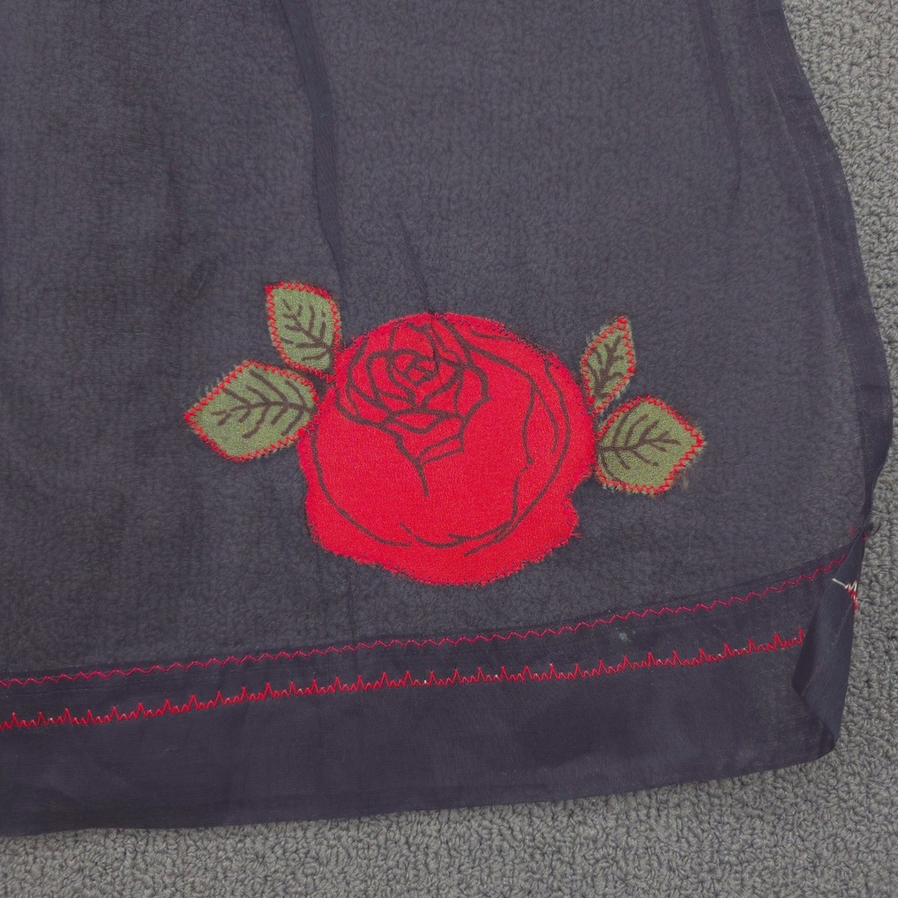 Vintage Black Sheer Half Apron Red Rose Applique Contrast Stitch Pocket Retro - Picture 3 of 6